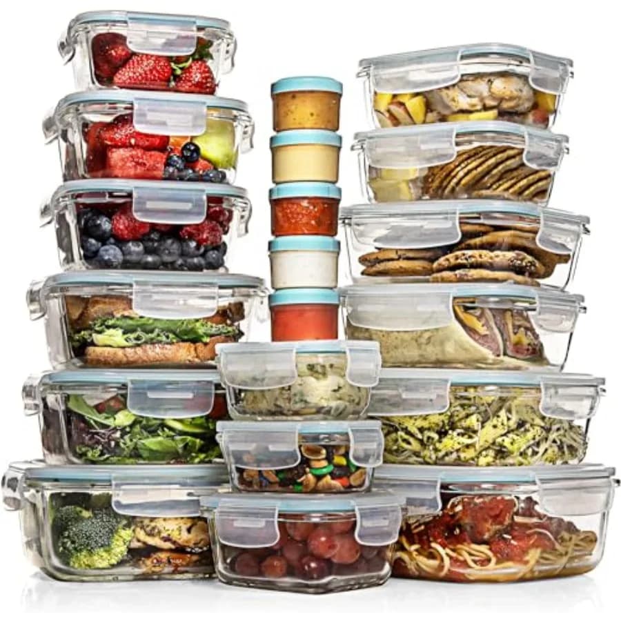 Set di 35 contenitori in vetro per alimenti con coperchi - Contenitori ermetici per la preparazione dei pasti, senza BPA, 100% a prova di perdite, 15 coperchi, 15 in vetro, 5 pezzi