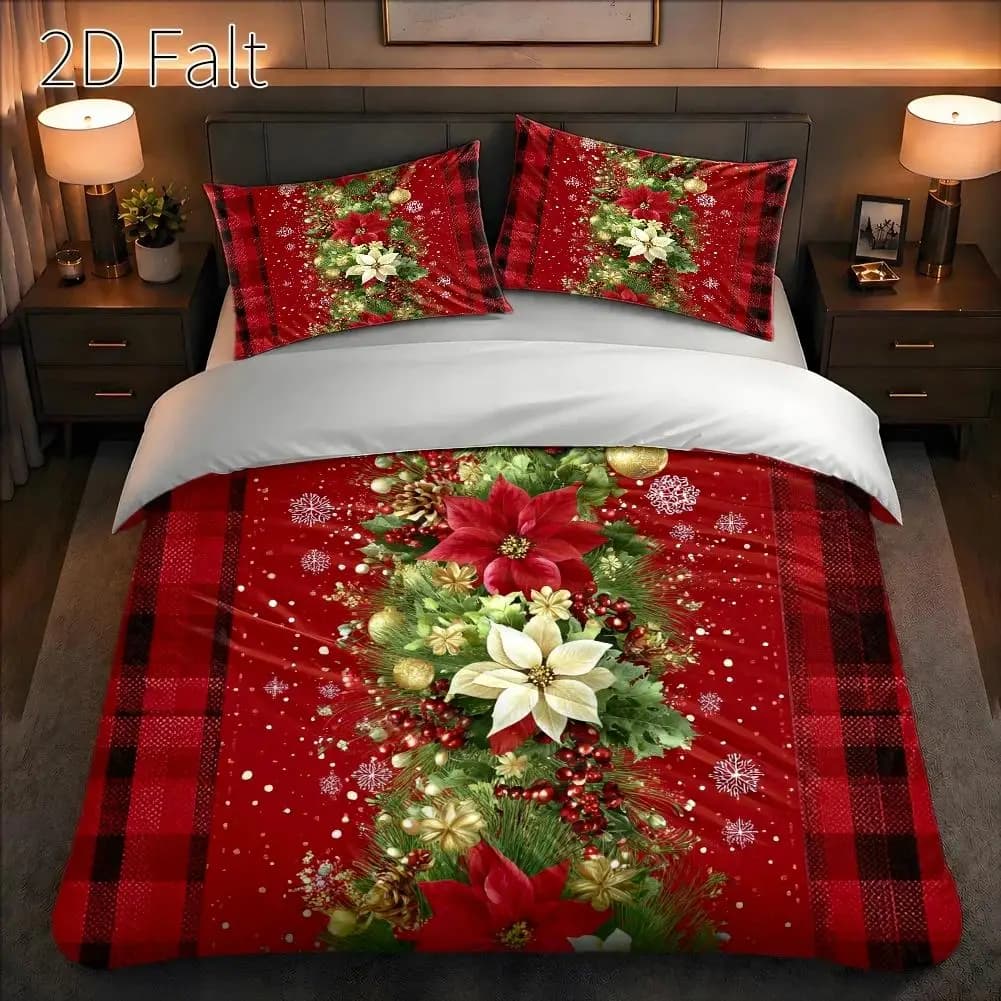 3-Piece Duvet Cover Set with Pillowcases (Without Filling), 2D Flat Printing, Red Christmas Flower and Pine Branch Theme, Oil Painting Realistic Style, Christmas, Suitable for All Seasons, Machine Washable, Invisible Zipper, Large Duvet Cover Set, Bedding Set, Christmas Decoration, a Must-Have for Holiday Atmosphere