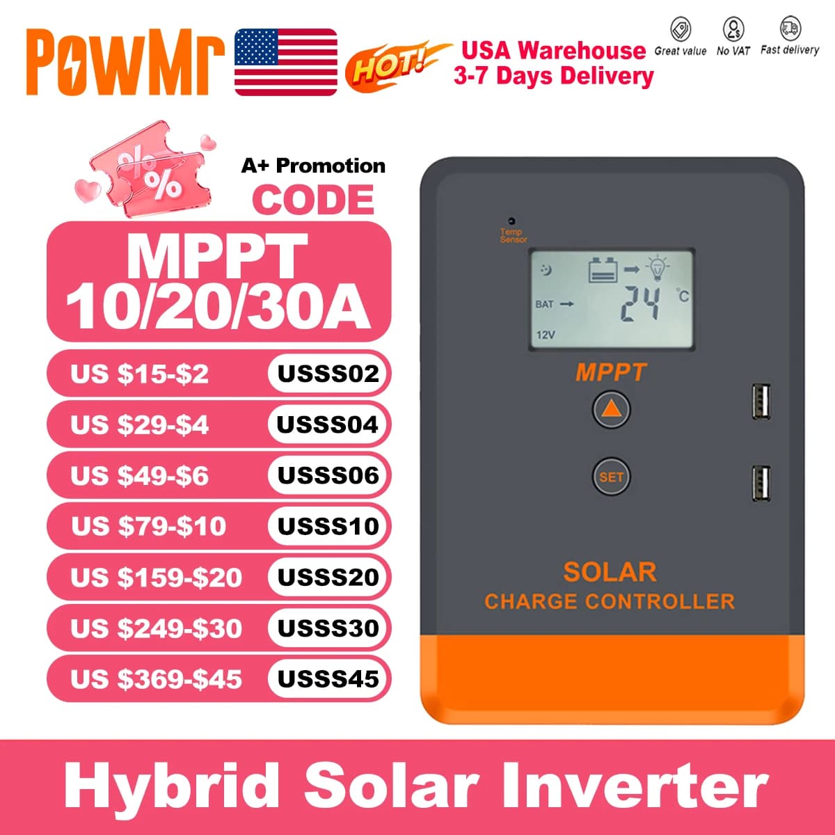 PowMr USA 20A 30A 40A MPPT Regolatore di carica solare Display LCD per 12V 24V Power Bank AGM Gel Caricabatterie per batterie al litio allagate