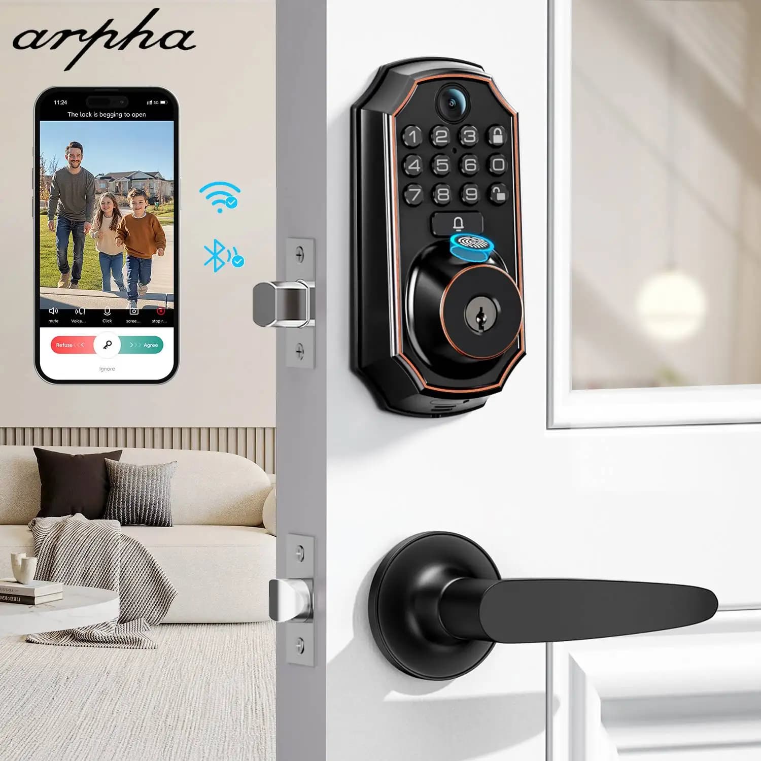 ARPHA Smart Lock D289L Set WiFi Video Smart Lock con fotocamera e campanello 5 in 1 Keyless Entry Serratura per impronte digitali Audio bidirezionale