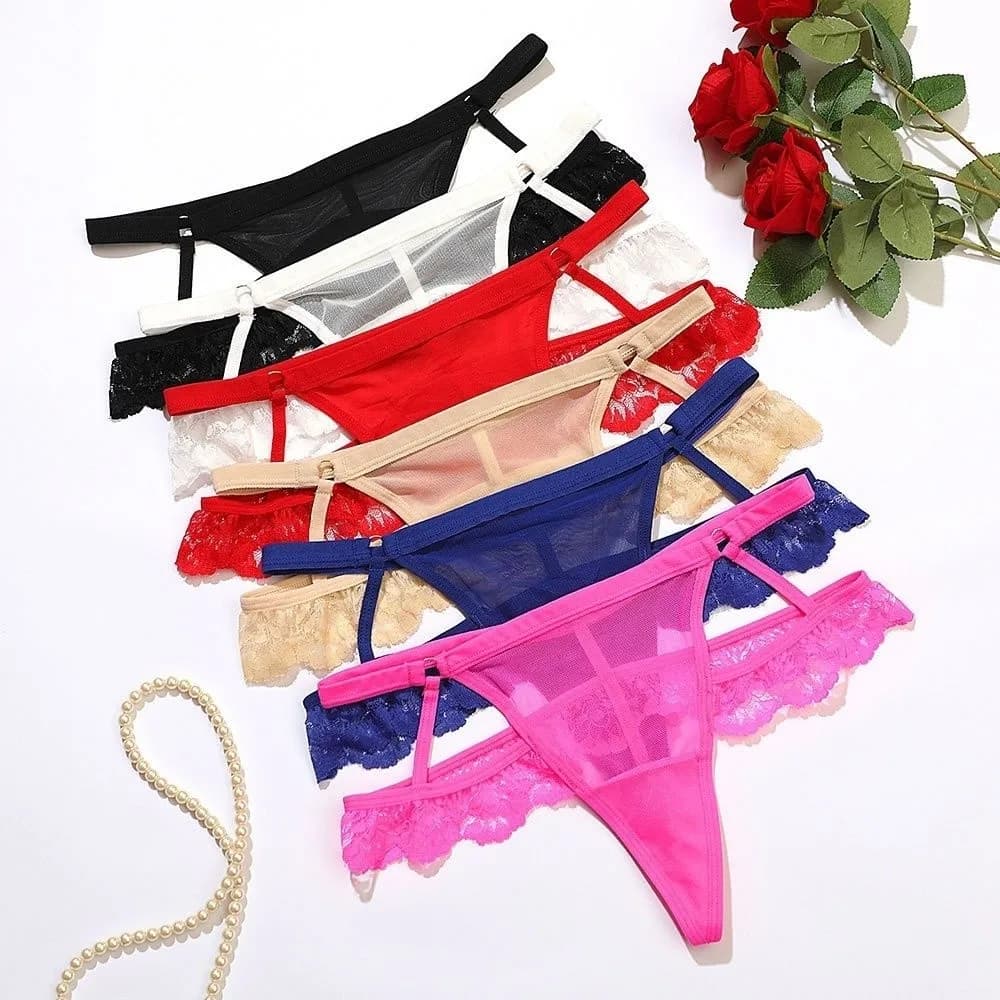 Slip in pizzo trasparente da donna con perizoma a vita bassa e spalline sottili, intimo sexy in rete traforata
