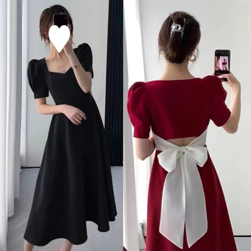 Abito nero vintage francese stile Hepburn, nuovo modello estivo con fiocco sul retro, vestito lungo snellente, disponibile in magazzino