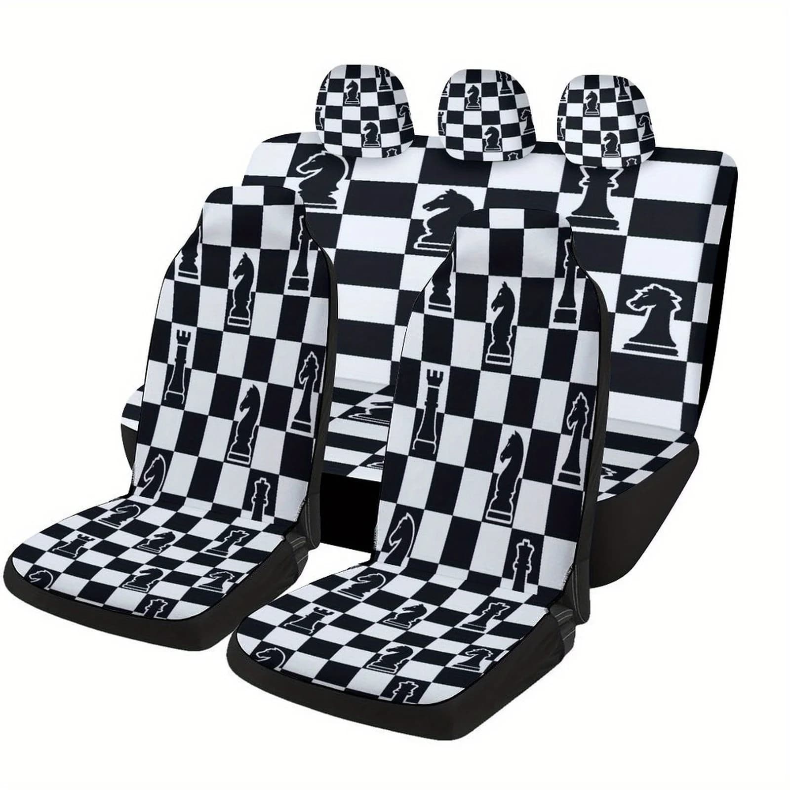Chess-Themed Car Seat Covers Set For Most Vehicles - Fit For Front & Rear Seats With Chess Piece Design (King, Queen, Rook, Bish