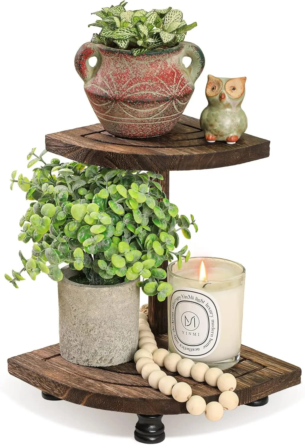 Mensola angolare rustica a 2 livelli per decorazioni da cucina e bagno, supporto in legno stile rustico per dispenser sapone e esposizione piante