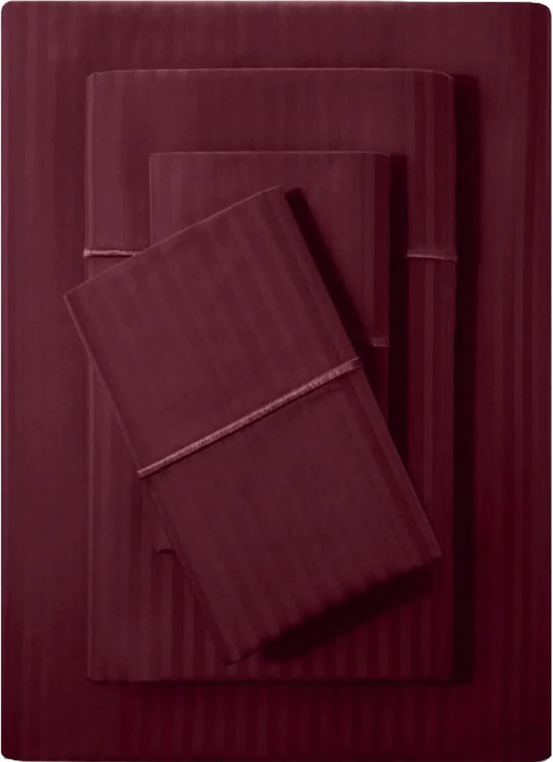 Set di Lenzuola in Cotone 500 TC Misura Queen, 4 Pezzi con Tasche Profonde, Tessuto Satinato a Righe, Biancheria da Letto di Lusso Bordeaux