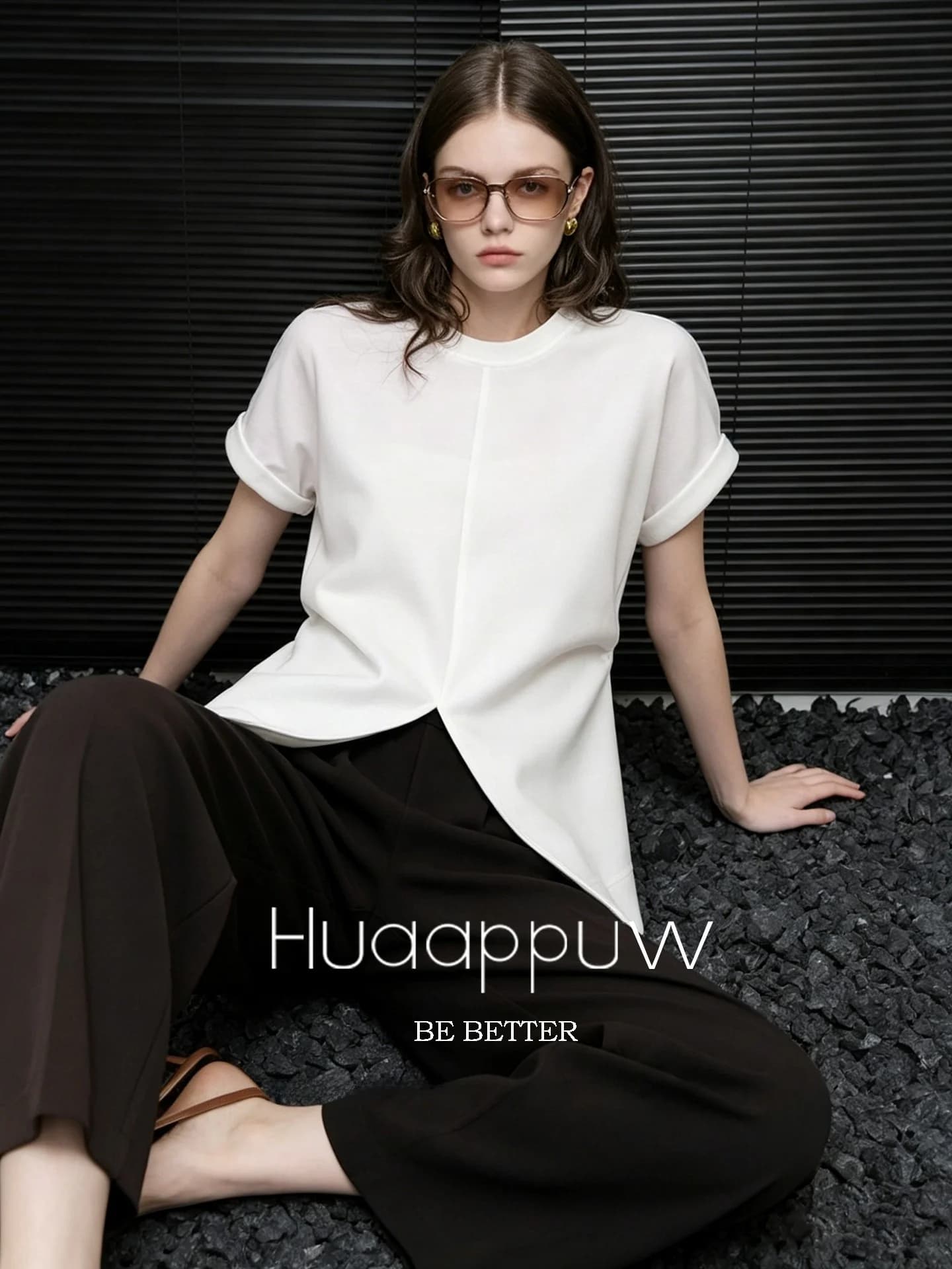 Slimming Huaappuw T-shirt with Side Slits And Pleats Short Sleeve Summer New Style French Style Cotton Women's Top