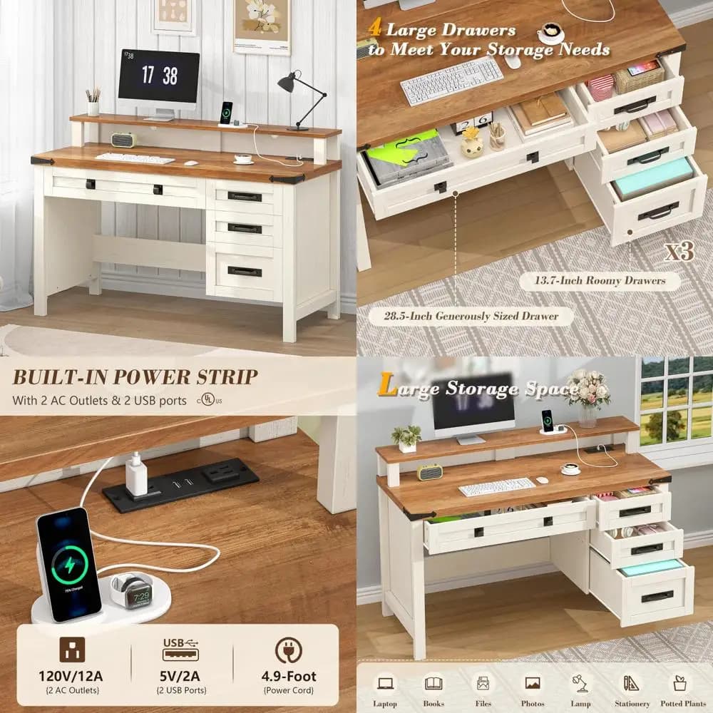 Scrivania direzionale in stile fattoria con 4 cassetti, prese di corrente e supporto per monitor per l'efficienza dell'ufficio domestico