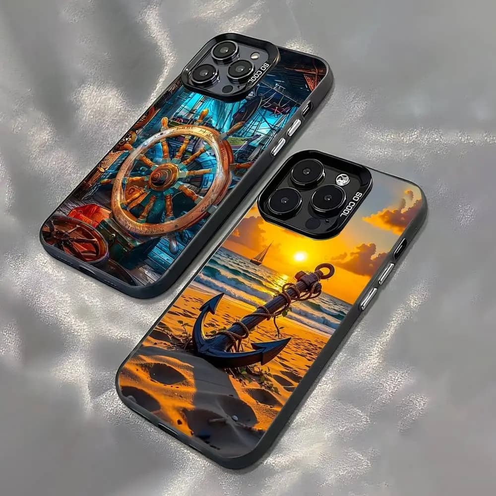 Cover Opaca Antiurto Nera con Motivo Ancora e Timone per iPhone 17, 16, 15, 14, 13, 12, 11, Pro, MAX, Plus