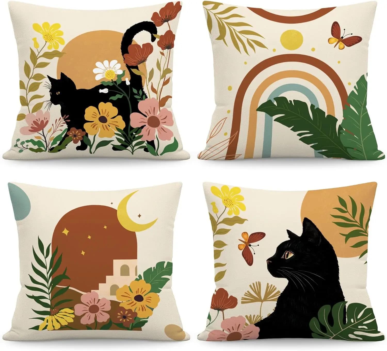 4pcs Black Cat & Floral Cushion Covers, Retro Rainbow Moon Print Pillow Cases for Sofa Bedroom Living Room Decor 45x45cm