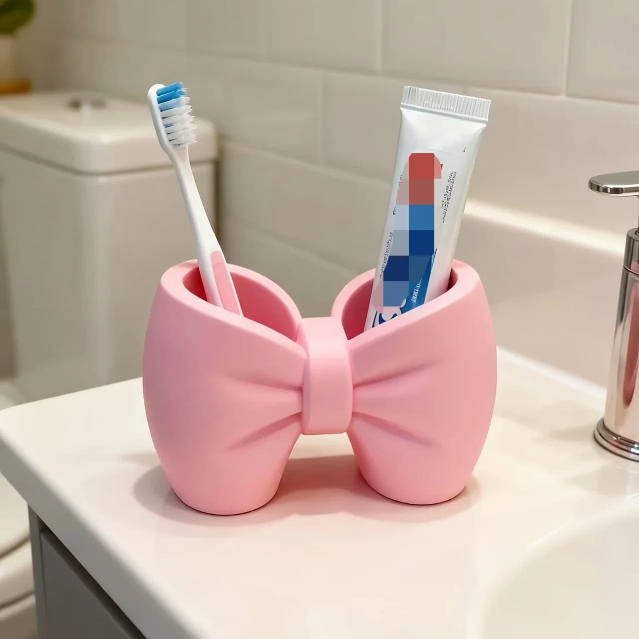 3D Printed Bow Toothbrush Holder Pink Bathroom Organizer Dual Slot for Toothpaste & Brushes Cute Desk Pen Cup Home Decor Gift