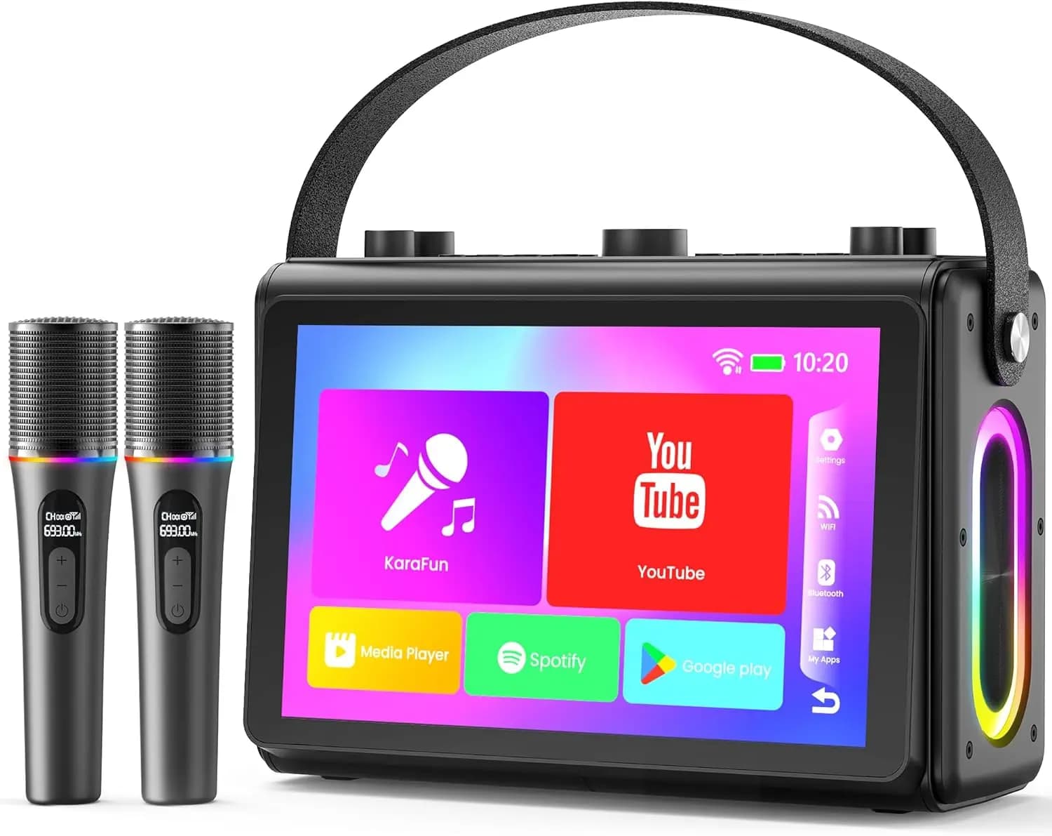 Macchina per Karaoke con Schermo Touch HD da 10.1", Altoparlante Portatile con 2 Microfoni Wireless, WiFi Bluetooth HDMI USB TF, per Feste in Casa