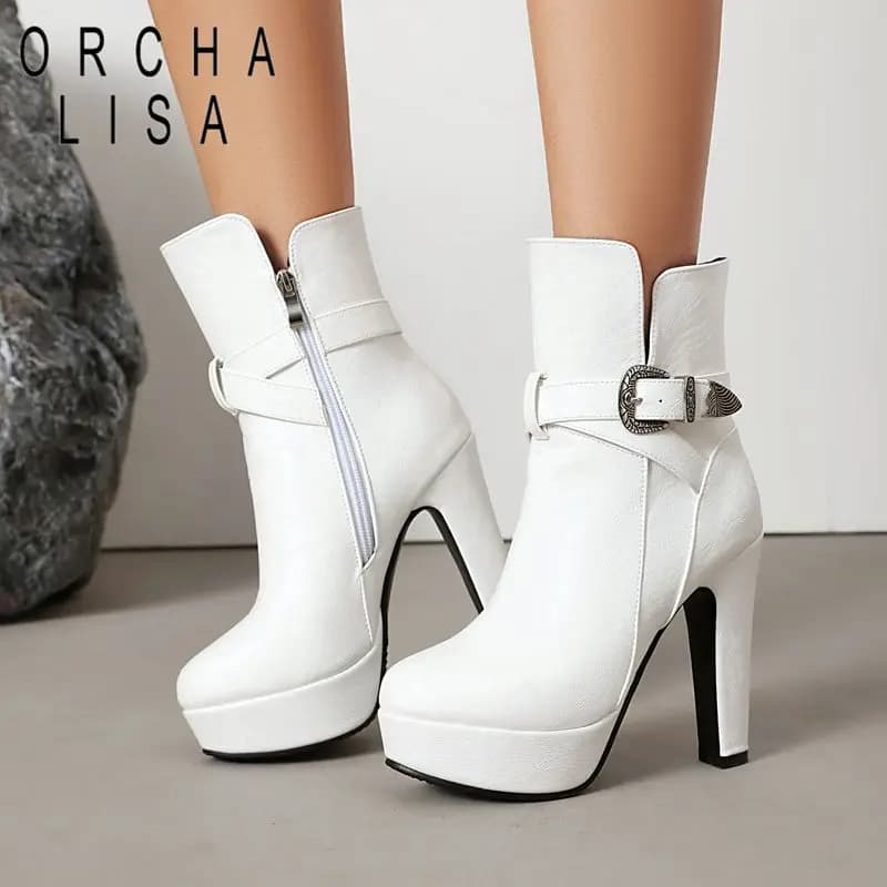 ORCHA LISA Hot Women Ankle Boots Round Toe 12cm High Heels 3cm Platform Zip Buckle Dating Botas Plus Size 40 41 42 43 US12 Fall