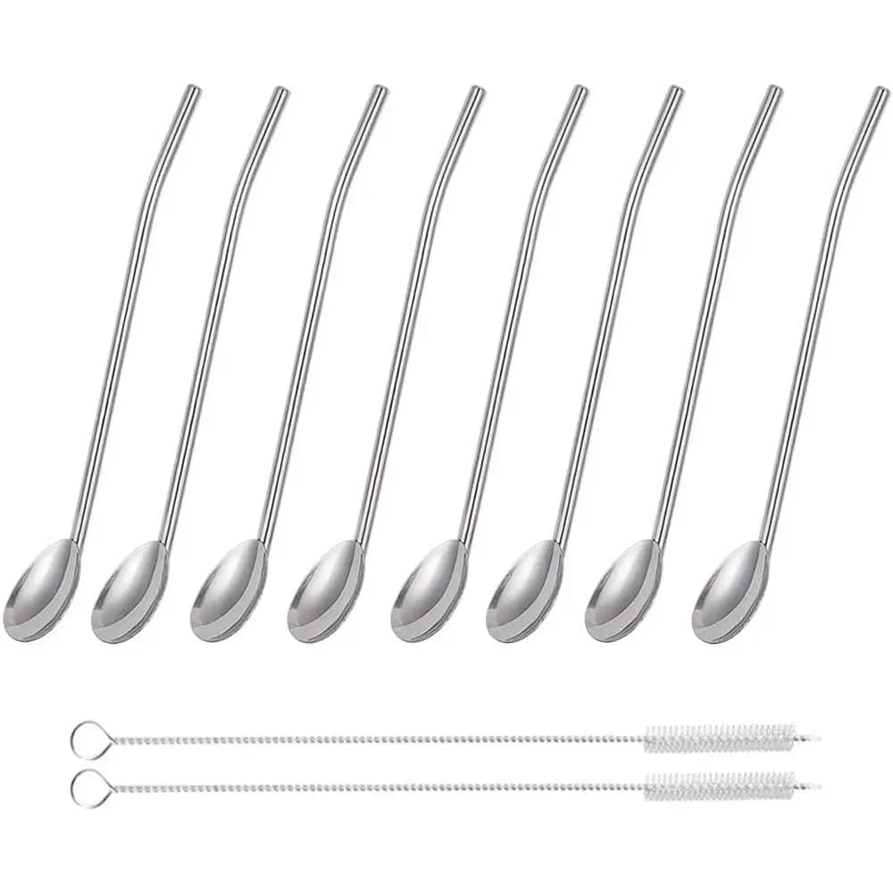 Set di 8 Forchette e Cucchiai in Acciaio Inossidabile con Forchette a Cono 2-in-1, Cucchiai Lunghi, per Cocktail, Milkshake, 2 Spazzole per la Pulizia