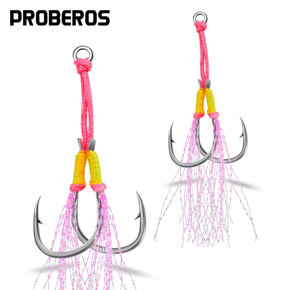 PROBEROS 5 pz/lotto nuovo stile legato con filo luminoso rosa piastra di ferro doppio gancio nero amo da pesca in acciaio ad alto tenore di carbonio all'ingrosso