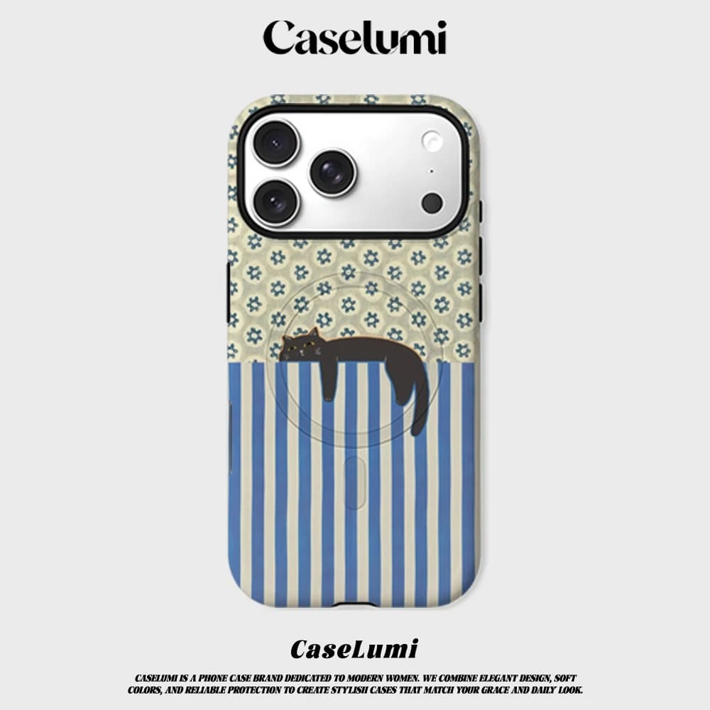 CaseLumi Matte Bumper For Magsafe Case For iPhone 17 16 15 14 Plus Pro Max Shockproof Hard PC Cat with Blue White Stripes Cover