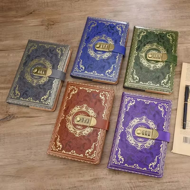 A5 Retro Digital Password Lock Journal Notebook, PU Leather Combination Diary for Men Women, Private Privacy Protection