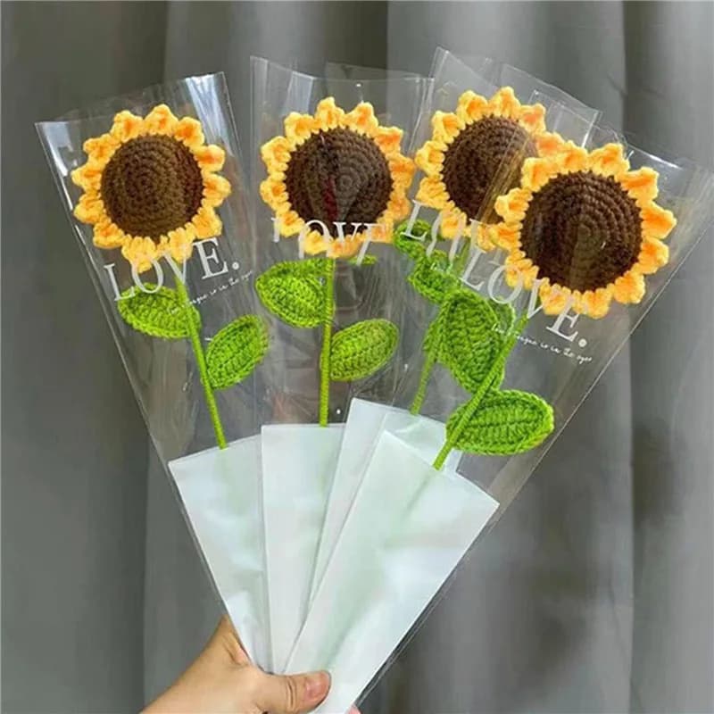 Hand-made sunflower bell decoration floral ornament for home birthday gift needle crochet plush flower leaves plant finished