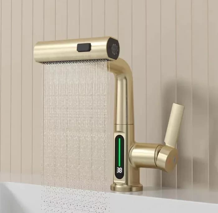 brushed gold Temperature Digital Display basin Faucets Lift Up Down Stream Sprayer Hot Cold Water Water Mixer Vanity Tap
