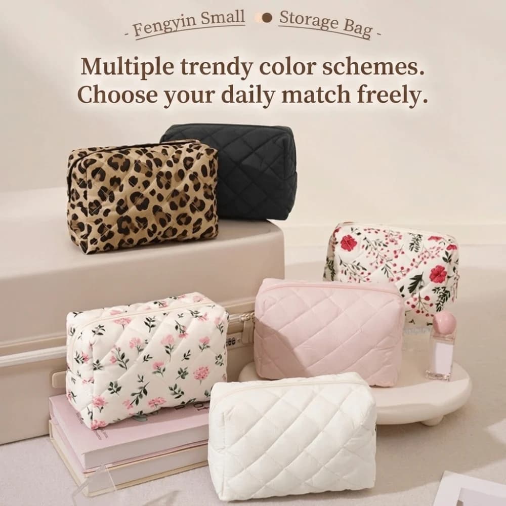 Fashion Quilted Makeup Bag Lightweight Flower Printed Cosmetic Pouch Large Capacity Travel Toiletry Handbag for Women