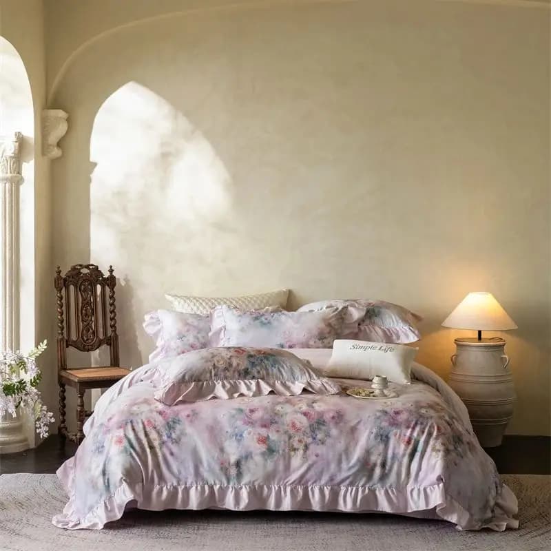 Set of Luxury Bed Linens in Egyptian Cotton 600TC with Floral Print and Volant, Copripiumin, Flat Bed Sheet/With Corners, Loyalty, 4 Pieces, Queen and King Sizes
