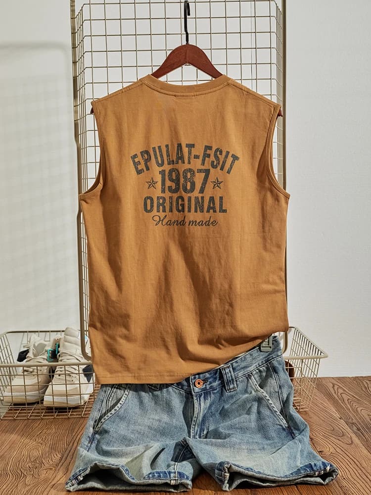 Estate New American Retro senza maniche o-collo lettera stampata t-shirt moda uomo 100% cotone lavato vecchio Casual sport gilet top