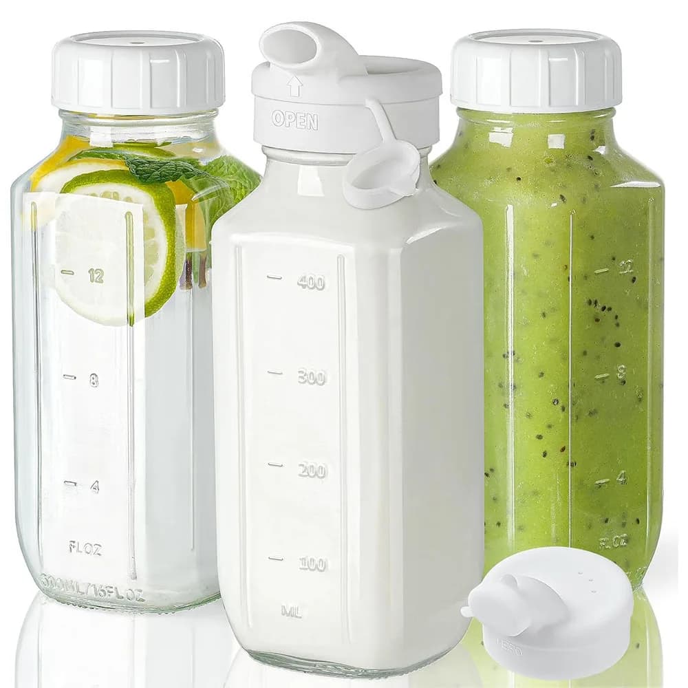 Bottiglie di vetro per succhi con coperchi, bottiglie d'acqua in vetro trasparente con beccucci versatori, brocca per latte riutilizzabile da 16 once per contenitori di succhi