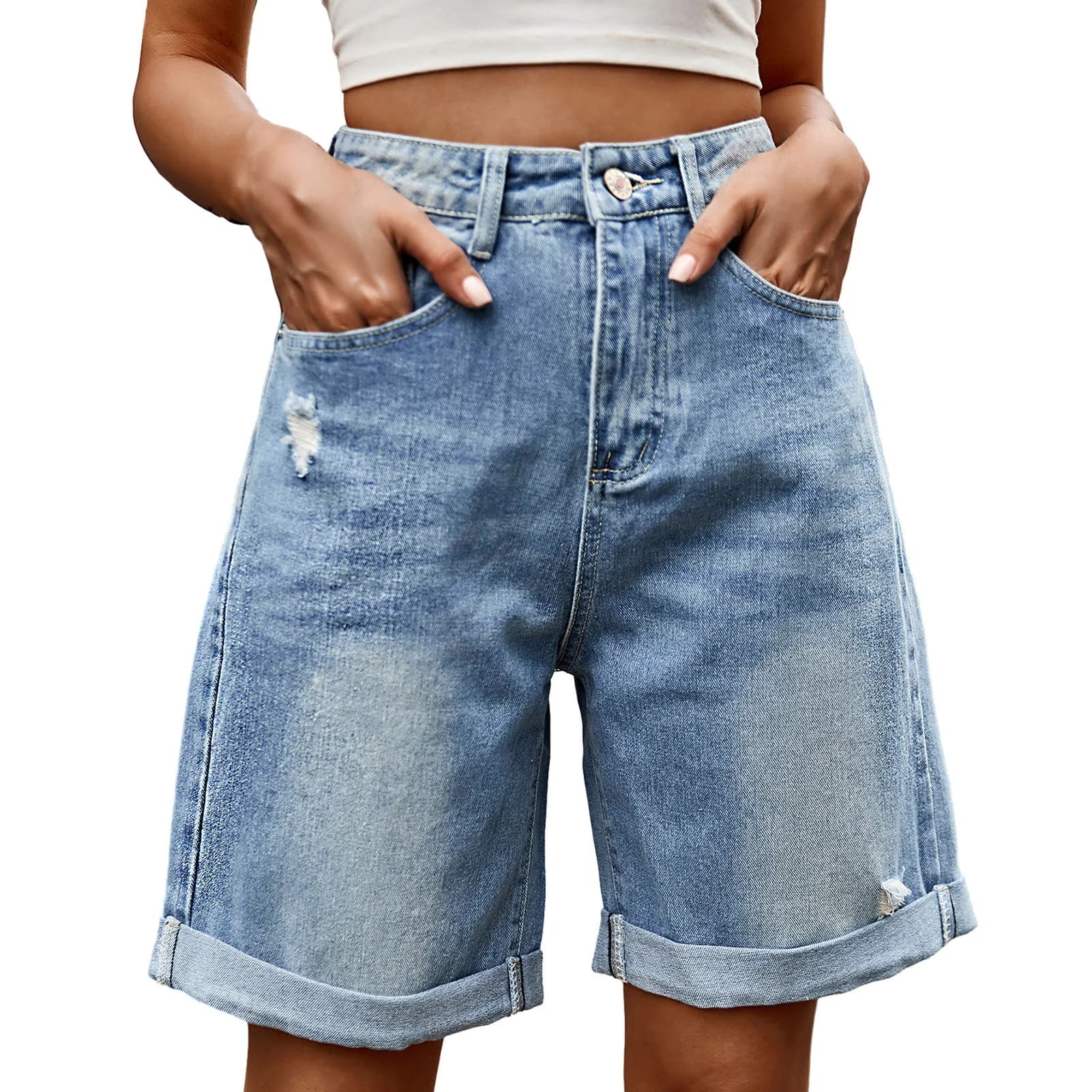 Pantaloncini di jeans arrotolati strappati alla moda delle nuove donne pantaloncini di jeans a vita alta estivi Vintage tasche Casual pantaloncini di jeans da donna borse
