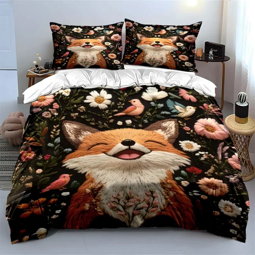 Set di biancheria da letto con ricamo a forma di volpe per la decorazione della casa, morbido e confortevole, include 1 copripiumino e 2 federe, idea regalo