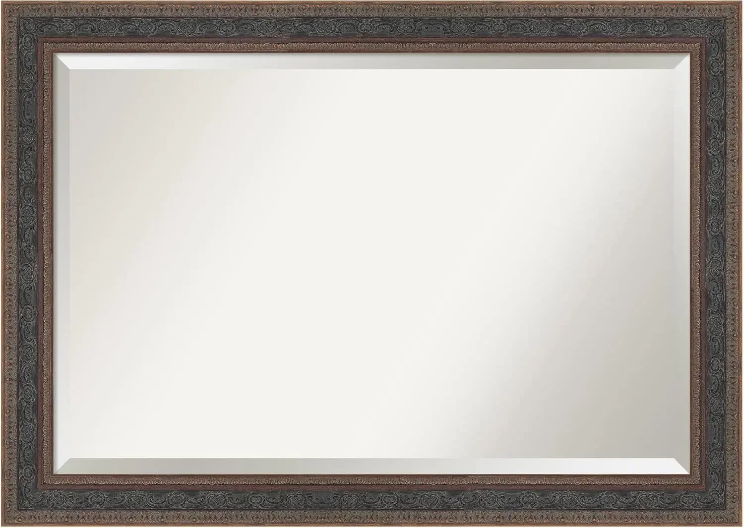 Specchio da Parete in Bronzo Invecchiato, Cornice in Legno Rettangolare Grande Tradizionale, Bordo Smussato, Appendibile Orizzontalmente e Verticalmente, per Bagno e Soggiorno