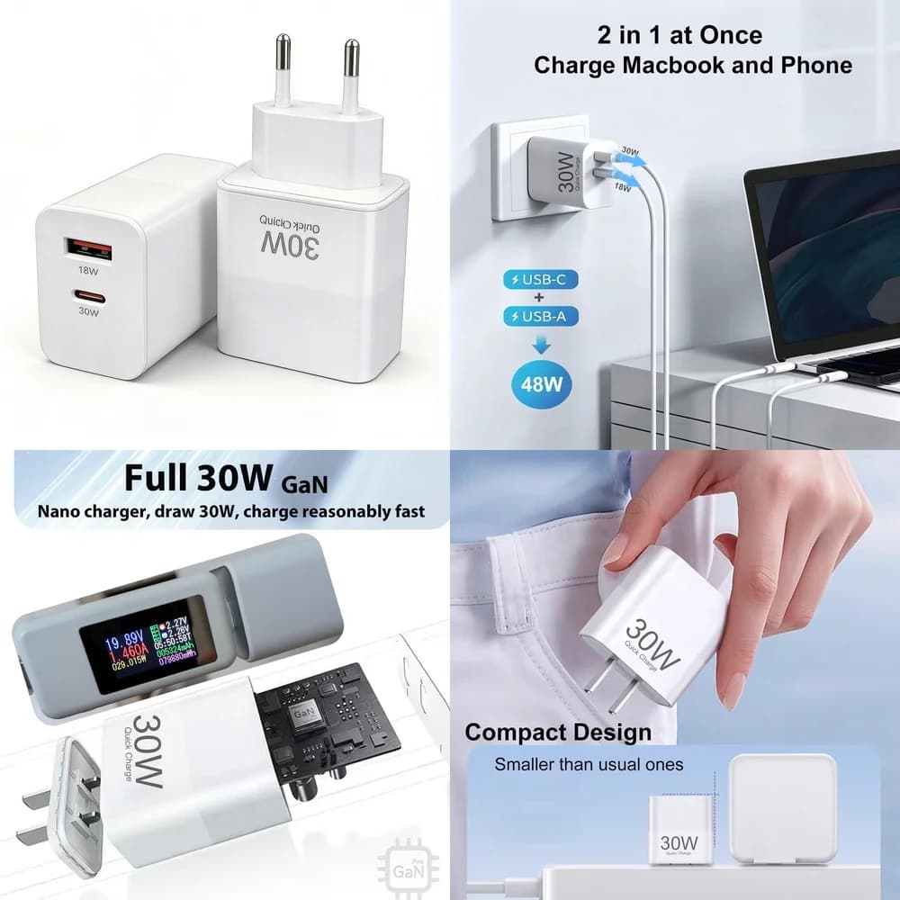 USB C Charger 30W Fast Charging PD Dual Port Wall Plug Type C QC 3.0 Quick Charge Adapter for iPhone 17 16 Samsung Xiaomi EU