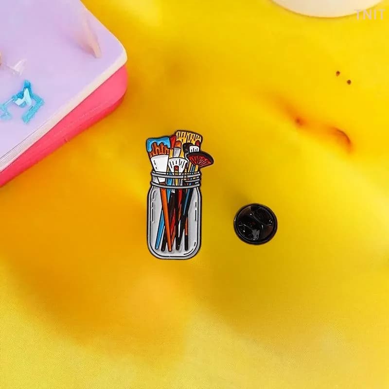 [J] Paint Brushes In Clear Jar Enamel Pin UV Screen Printing Artist Badge Artist Supplies Brooch Makeup Brushes Pins