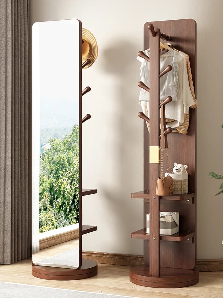 Specchio a Figura Intera in Legno con Appendiabiti Integrato Girevole per Casa e Camera da Letto