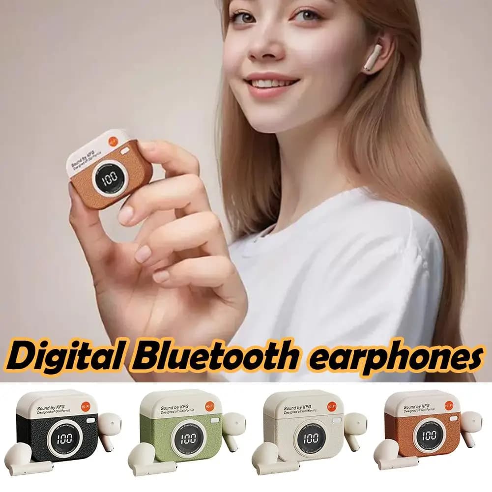 Wireless Bluetooth Earbuds Creative Camera Design With LED Digital Display Vintage Aesthetic Portable Earphones For Music Lovers