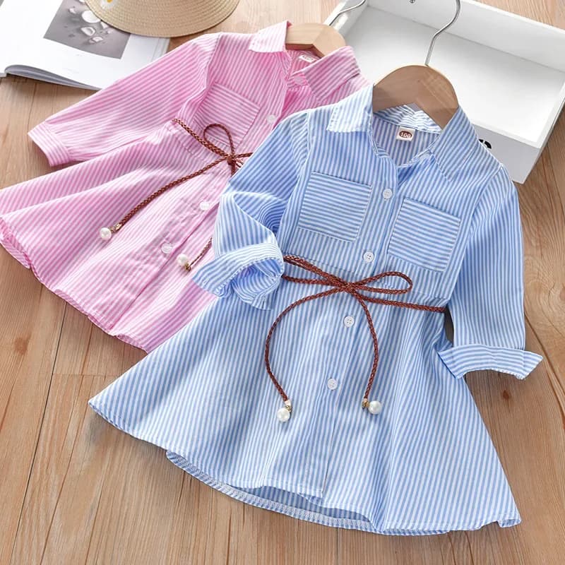 Girl's Dress in a Piece Pink Striped Shirt Autunno Long Sleeve with Pearl Belt Girls' Dresses 1-8 Year Kids' Dresses
