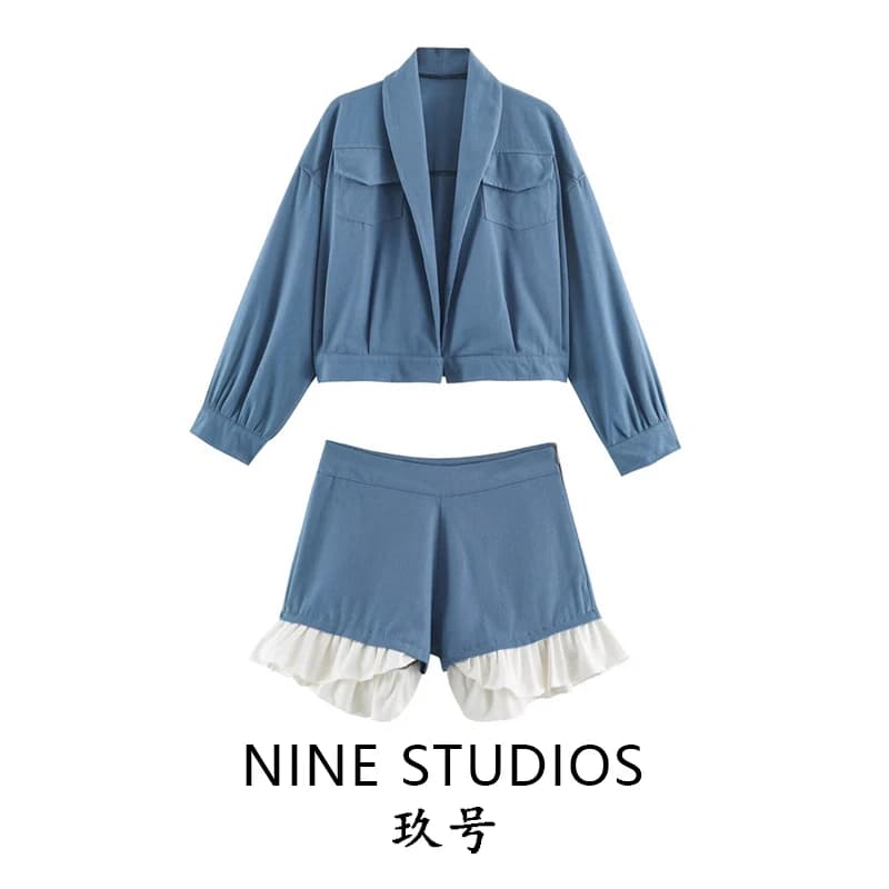 High Waist Denim Shorts with Wood Grain Ruffle Long Sleeve Short Top Color Block High Waist Shorts Women's Fashion Set