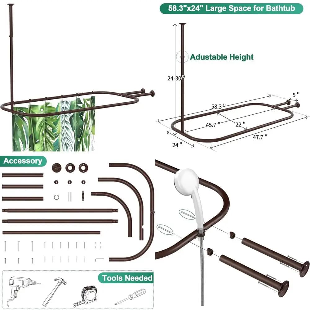 Asta per Tenda Doccia Quadrata Resistente, 58,3x24, Antiruggine, Adatta per Vasche Ovali o con Piedini, Finitura Bronzo