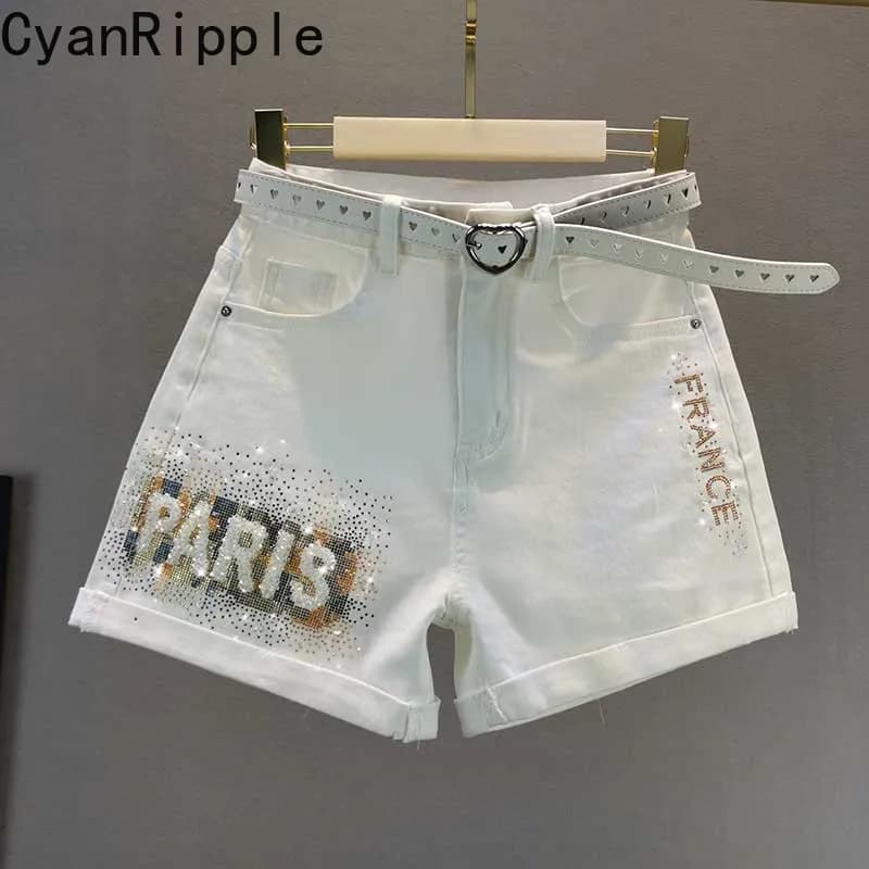 Women's white denim shorts 2025 New Summer Spring Collection with colorful letters and rhinestones, high waist, wide leg, comfortable fit, short jeans matching everything.