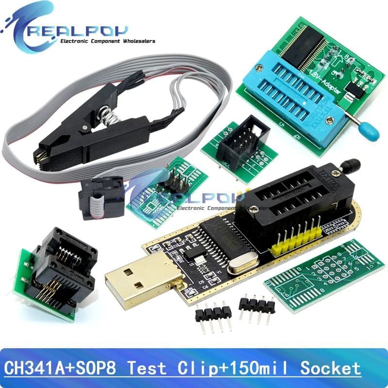 Adattatore programmatore CH341A + adattatore SOIC8 + clip SOP8 con cavo + adattatore 1,8 V Adattatore ZIF programmatore USB BIOS Flash EEPROM CH341A