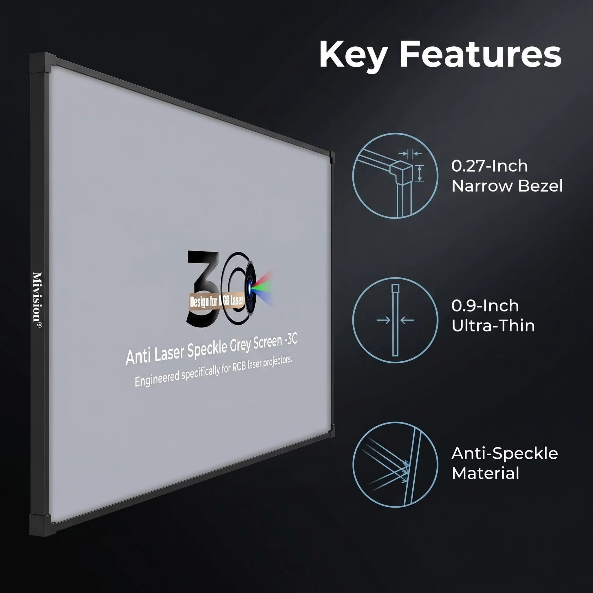Ultra-Thin Narrow Bezel ALR Fixed Frame, 8K/3D Tri-Color Laser Screen, Anti-Speckle, Wall Mount, Long Throw Projector Living Roo
