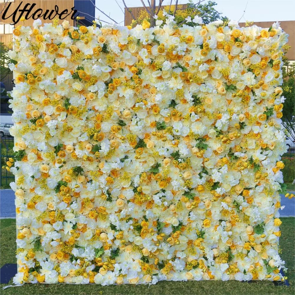Uflower 5D Yellow Rose Hydrangea Flower Wall Wedding Backdrop Fabric Hanging Curtain Floral Window Display Party Event Props