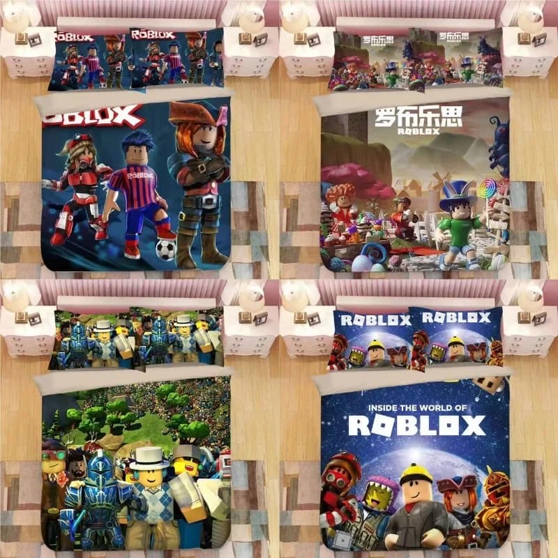 Set di biancheria da letto a tema Anime Robloxed, stampa colorata, in poliestere, per dormitorio studentesco, lenzuolo, copripiumino, tessili per la casa