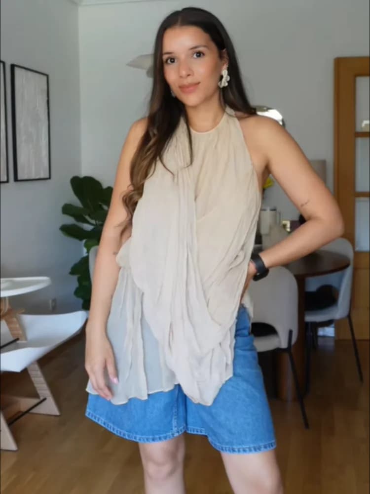 Women's Elegant Halter Backless Blouse Satin Chiffon Draped Ruched Sleeveless Tank Top Layered Shirt Summer Party Casual Outfit