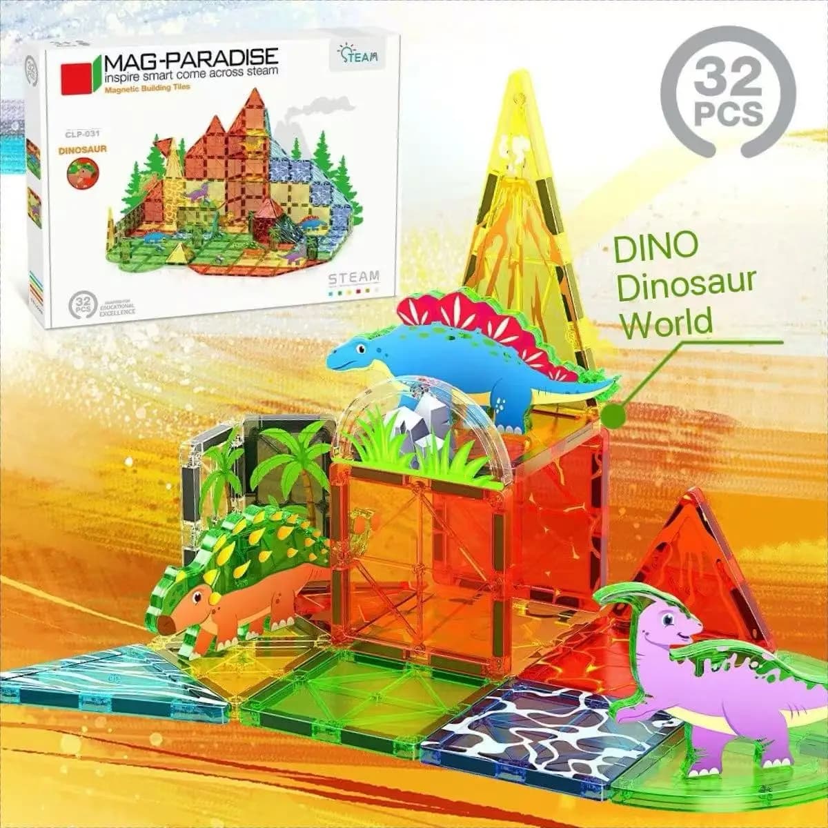 Piastrelle magnetiche di dinosauro STEM Giocattoli educativi da costruzione, blocchi magnetici di costruzione con gru Kit di apprendimento per ingegnere per bambini