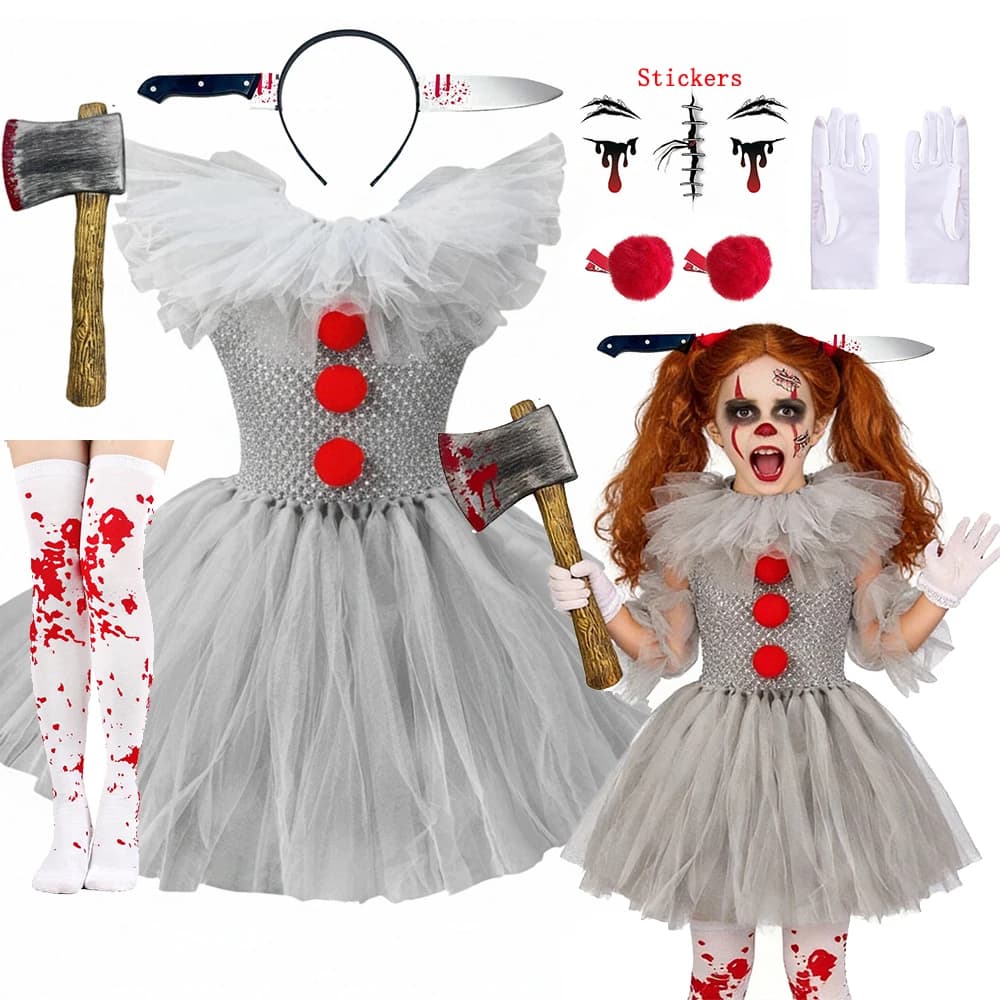 Children Halloween Joker Costumes for Baby Girls Scary Ghost Doll Killer Fancy Tutu Dress for Kids Carnival Party Horror Outfit