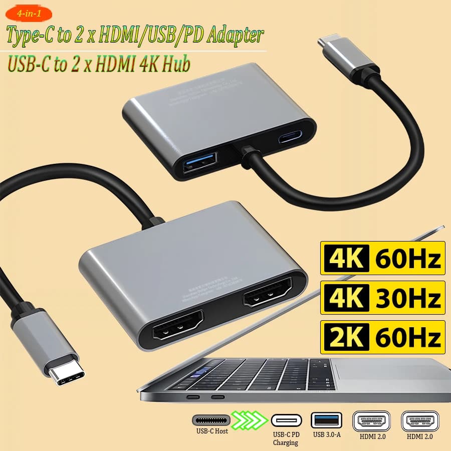 Docking station per laptop USB-C 2x HDMI 4K Hub Adattatore da tipo C a doppio HDMI/USB/PD per MacBook Dell HP Lenovo MateBook MagicBook