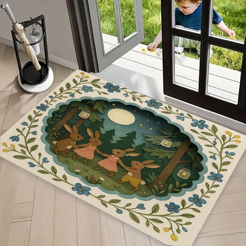 Adorabile tappeto con conigli che si tengono per mano e danzano nella foresta notturna, tappetino decorativo per la casa, morbido e antiscivolo, per soggiorno e camera da letto