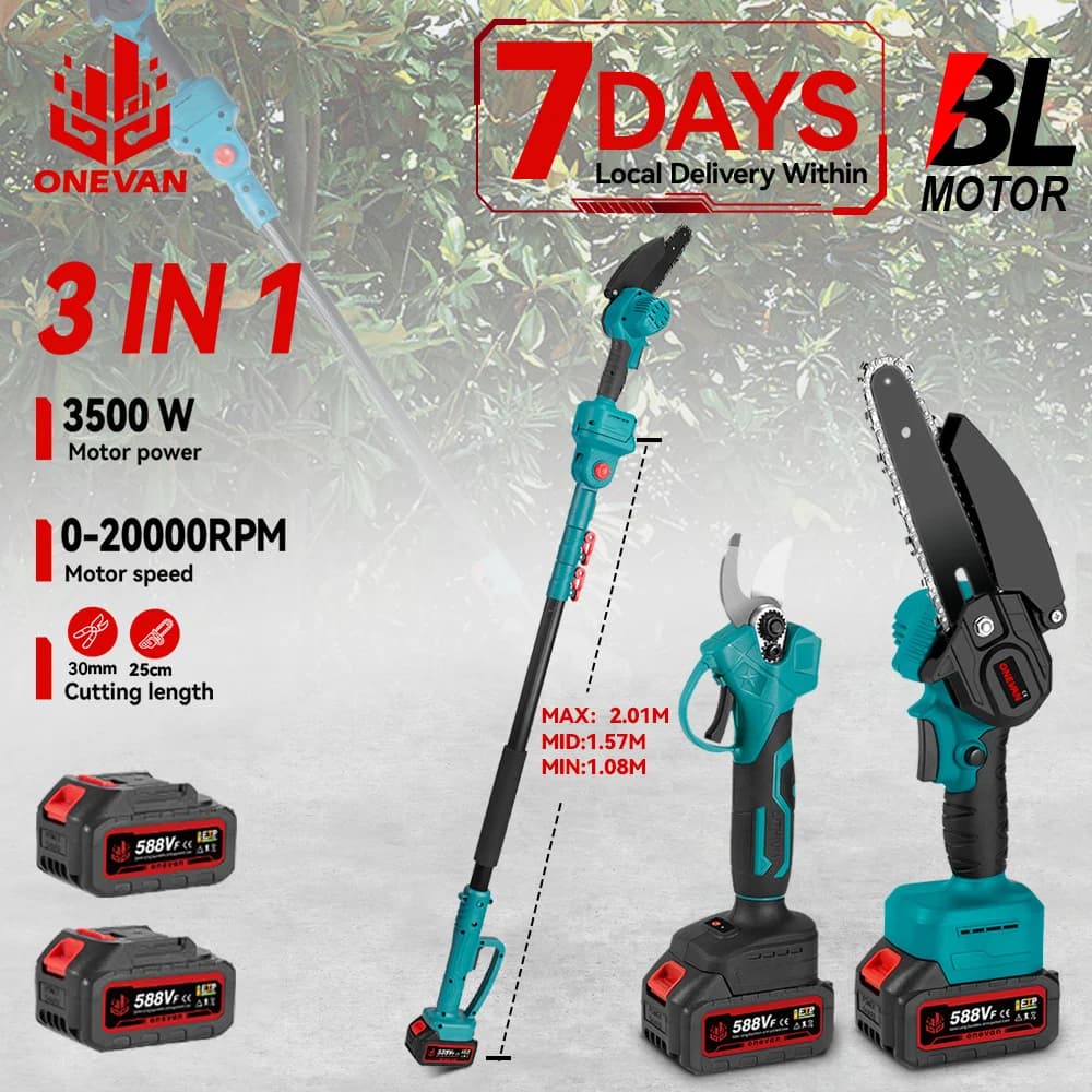 ONEVAN 3500W 3In1 Brushless High Branch Chainsaw&Pruning Shears Garden Cutting Tool With Telescoping Pole For Makita Battery Pin