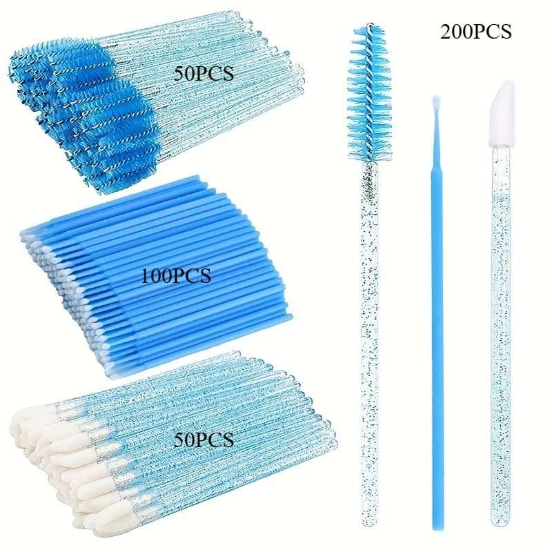 200 Pieces for Extension Women's Eyelashes with Blue Spoolies, Mascara and Microbrushes Baquettes, Eyelash Application Sets, Eyelash Technicians Tools
