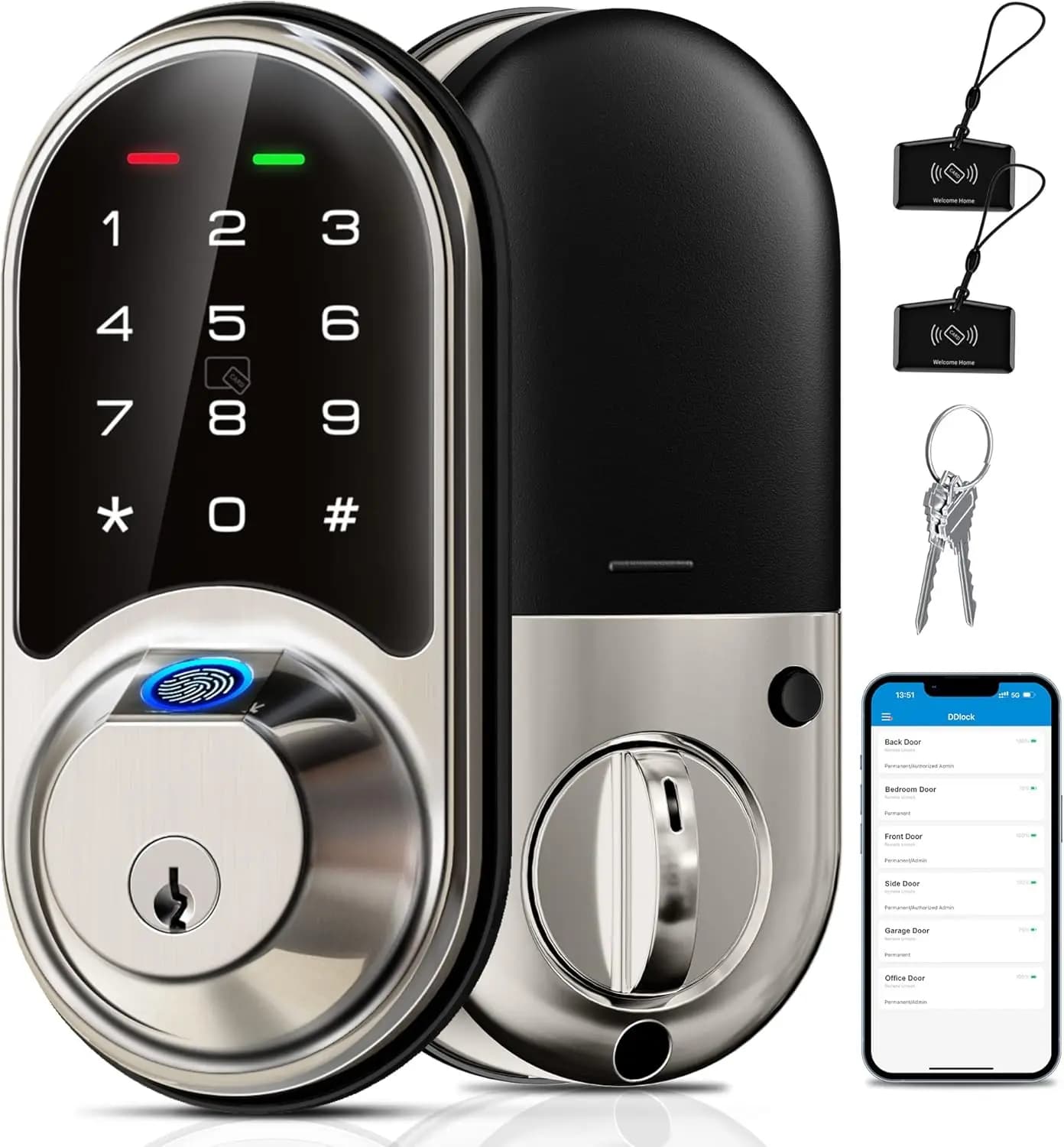 Serratura Intelligente 7-in-1 con Impronta Digitale per Porta d'Ingresso, Accesso Senza Chiave con Controllo App, Tastiera Touchscreen