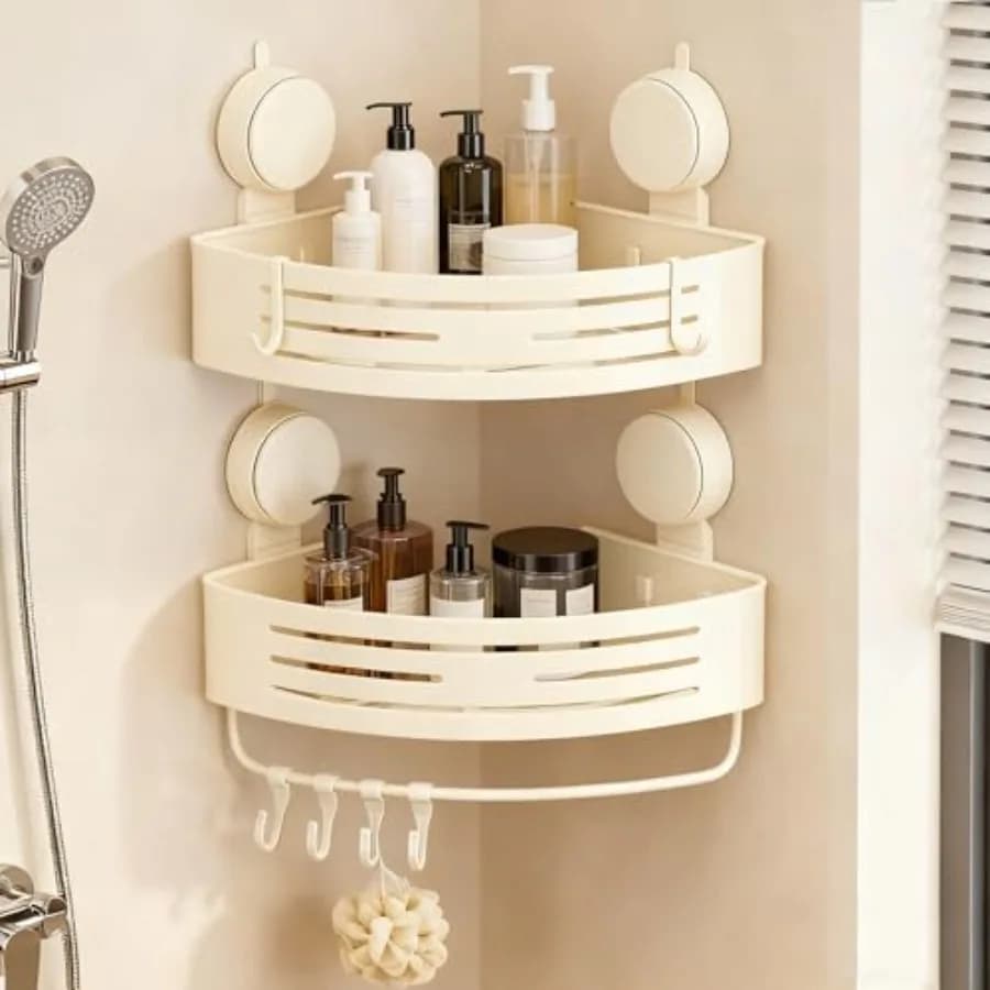 Mensola angolare per doccia, organizer da bagno bianco crema, mensola angolare per doccia in alluminio con ventosa, senza foratura, con portasciugamani e gancio